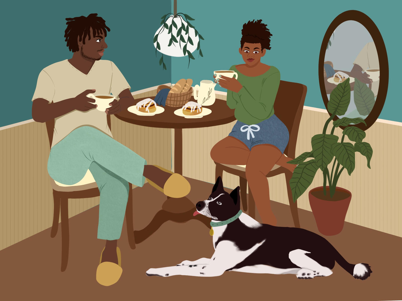 Tea Ritual Art - 2 Black couple enjoying tea and snacks with their pet.