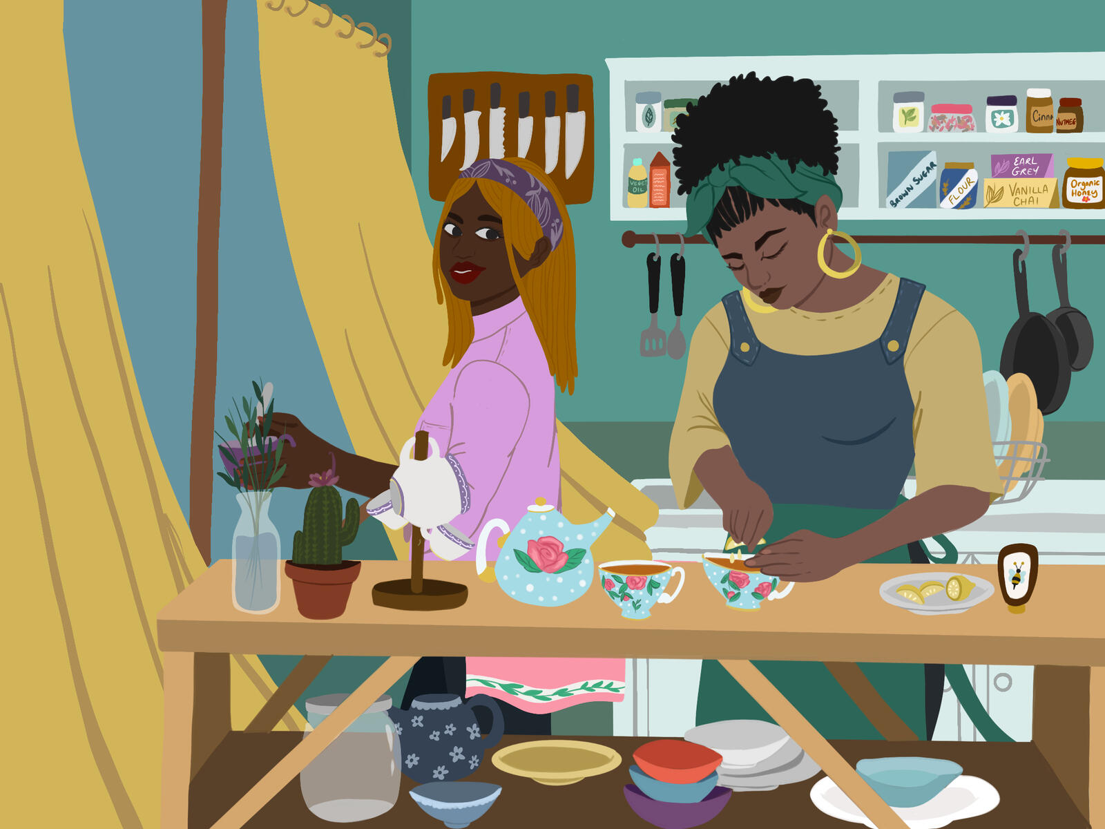 Tea Ritual Art - 1 Two women preparing tea in their cozy kitchen.